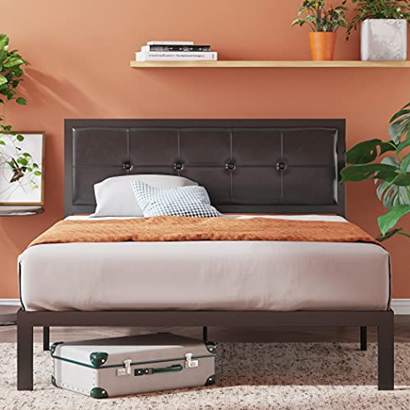 ZINUS CHERIE FAUX LEATHER CLASSIC PLATFORM BED FRAME SUPPORT SLATS QUEEN-BLACK