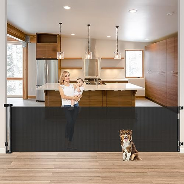 ‎KISKIZ 85 INCH WIDE RETRACTABLE MESH BABY DOG GATE EXTRA LONG OPENINGS - BLACK