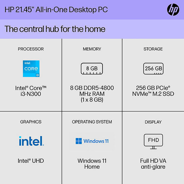 HP 22-dg00 21.75" FHD AIO Desktop Intel Core i3-N300 8GB 256GB Windows 11 H