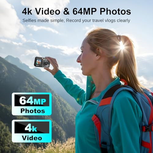 Digital Camera, 4K 64MP Dual Screens Camera, 18X Zoom, Point and Shoot