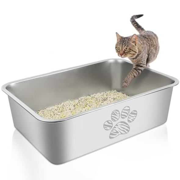 PTWAA Stain Resistant Cat Litter Box High Side Cats Toilet Metal KITTEN - SILVER