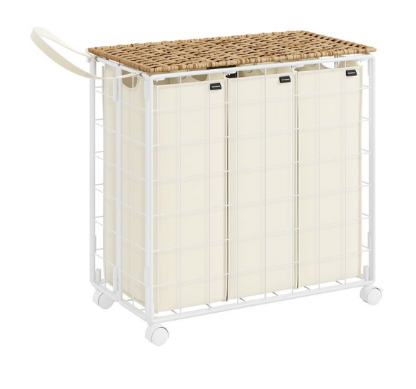 SONGMICS 130L 26X 13X 25.6 LAUNDRY HAMPER WHEELS - NATURAL BEIGE / CREAM WHITE