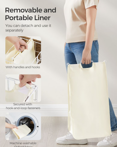 SONGMICS 130L 26X 13X 25.6 LAUNDRY HAMPER WHEELS - NATURAL BEIGE / CREAM WHITE