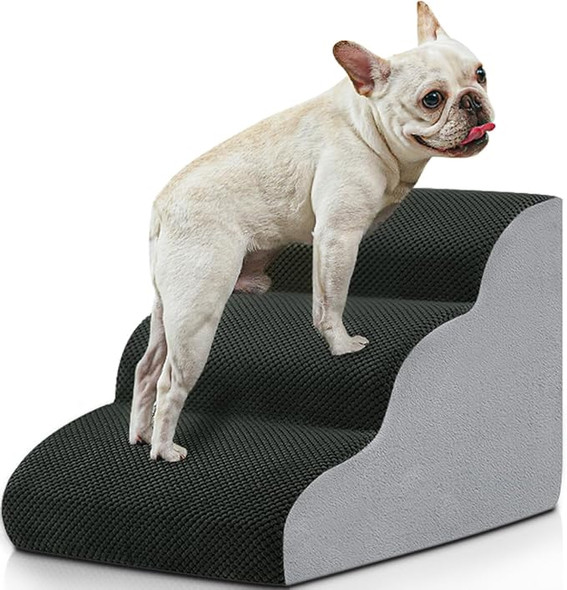 BOMOVA DOG STAIRS TO BED 3 STEP NON-SLIP PET STAIRS FOR HIGH BED & COUCH - GRAY