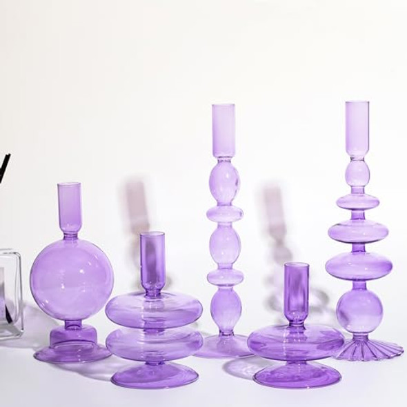 RTTERI 5 PCS GLASS CANDLESTICK HOLDERS COLORFUL GLASS TAPER 3171 - PURPLE
