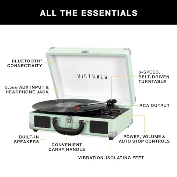 VICTROLA VINTAGE 3-SPEED BLUETOOTH PORTABLE SUITCASE - LIGHT GRAY/LINEN