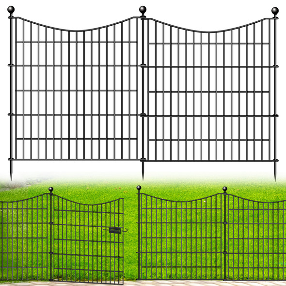 CLEASO 10 PANELS DECORATIVE GARDEN FENCE WITH GATE, 32" X 23.6 FT - BLACK