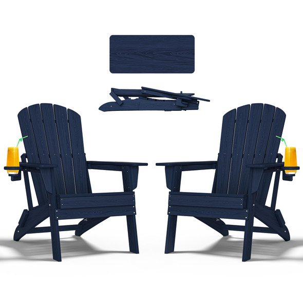 Nevilywood Folding Adirondack Chair - Extended Ergonomic Backrest - Navy Blue