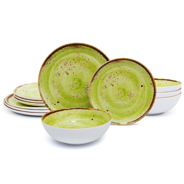 TP 12-PIECE DINNERWARE SET MELAMINE DISHES AND BOWLS SET WITH PLATES - GREEN