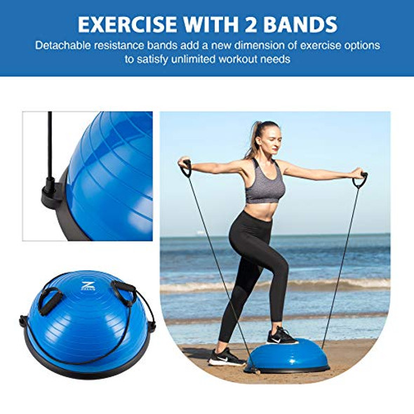 ZELUS BALANCE BALL TRAINER WITH RESISTANCE BANDS AND FOOT PUMP 23" Gym - BLUE