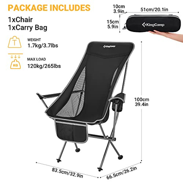 KINGCAMP LIGHTWEIGHT PADDED HIGHBACK FOLDING LOUNGE CHAIR, BLACK/GRAY - BLACK