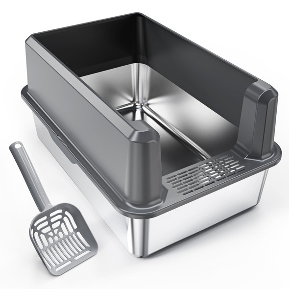 LEMPISH STAINLESS STEEL CAT LITTER BOX WITH TOP LID LARGE XL METAL - GRAY
