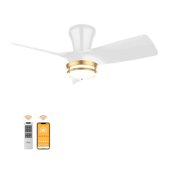 OPONL 30" WHITE LOW PROFILE CEILING FAN WITH LIGHT GOLD TRIM RING FS1005A - WH
