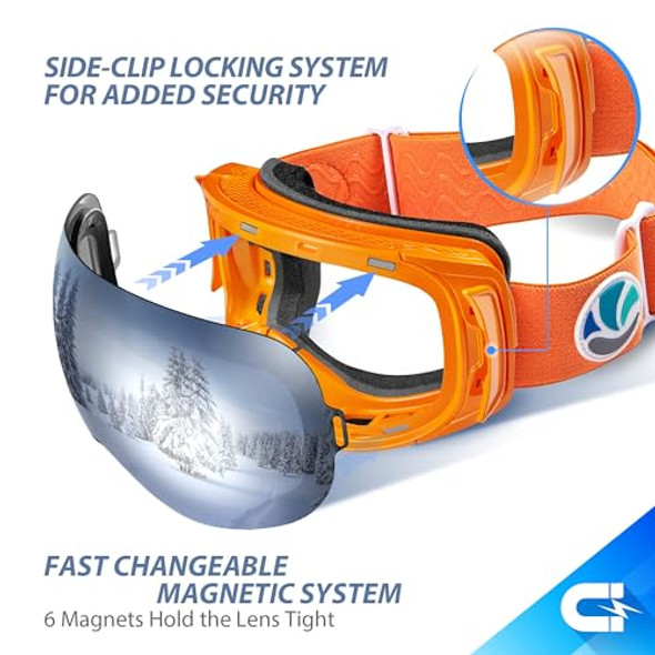 VANRORA Ski Goggles, Frameless Interchangeable Lens, Anti Fog, Orange/Gray