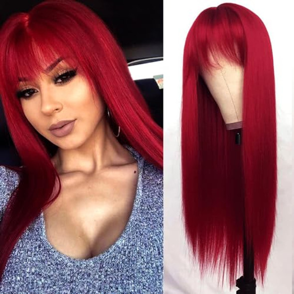 QD-TIZER RED LONG SILKY STRAIGHT WIG BANGS HEAT RESISTANT SYNTHETIC NO LACE WIG New