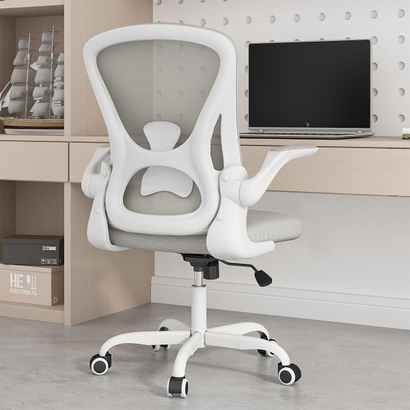 SYTAS ERGONOMIC DESK CHAIR WITH PADDED LUMBAR SUPPORT FLIP UP ARMS - WHITE/GRAY