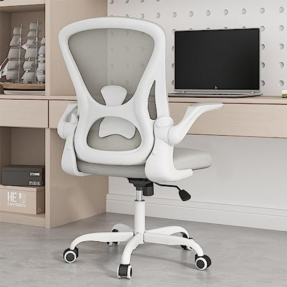 SYTAS ERGONOMIC DESK CHAIR WITH PADDED LUMBAR SUPPORT FLIP UP ARMS - WHITE/GRAY