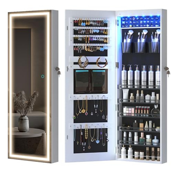 LVSOMT LED Mirror Jewelry Cabinet, Wall/Door Mount Jewelry Armoire/Organizer