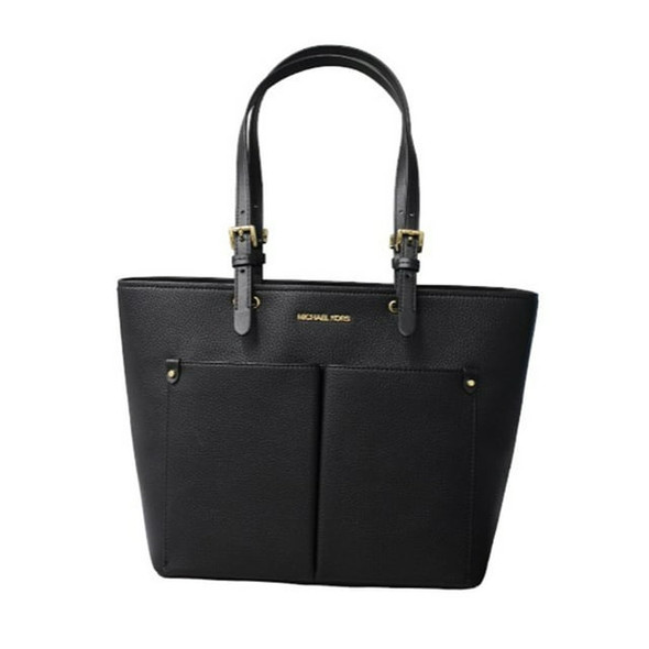 MICHAEL KORS JET SET VEGAN LEATHER DOUBLE POCKET TOTE - BLACK/SILVER MICHAEL KORS JET SET VEGAN LEATHER DOUBLE POCKET TOTE - BLACK/SILVER