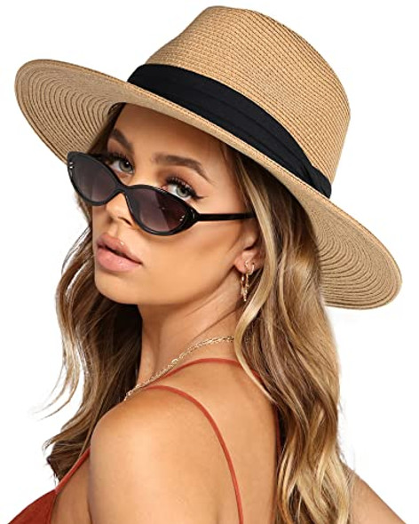 FURTALK Womens Mens Wide Brim Straw Panama Hat Fedora Summer Beach Sun Hats New