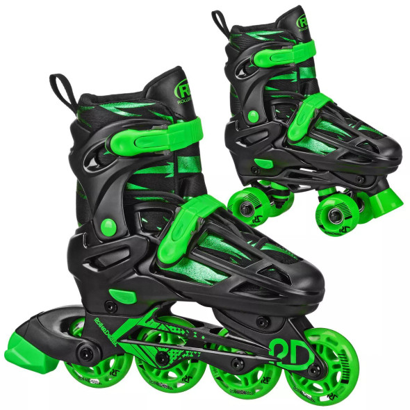 ROLLER DERBY GREEN WIRE KIDS' QUAD COMBO SKATES - YOUTH 3-6 - BLACK/GREEN