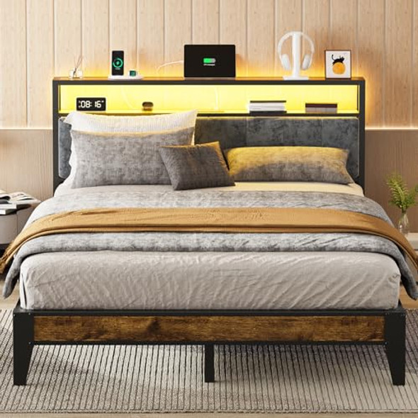 OLEVS QUEEN BED FRAME METAL PLATFORM BEDQUEEN 2-TIER STORAGE LED LIGHT - BLACK