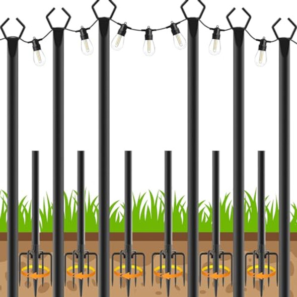 AHRLHR 6 PACK STRING LIGHT POLES 10 FT FORKED METAL LIGHT POLE - BLACK