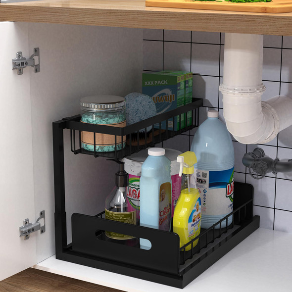BUKOFEN UNDER SINK ORGANIZER PULL OUT CABINET ORGANIZER 2-TIER SLIDE OUT - BLACK