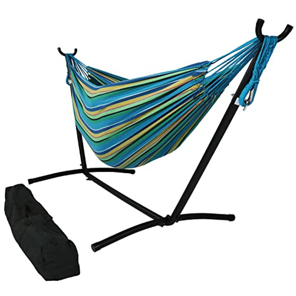 Sunnydaze Double Brazilian Hammock with Stand and Carrying Case - Sea Grass