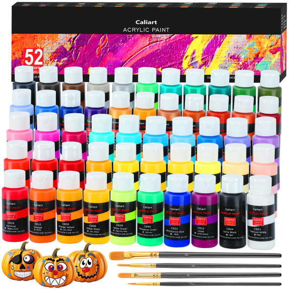 Caliart ACRYLIC PAINT SET With 4 Brushes 52 Colors 59ML 2OZ - MULTICOLOR New