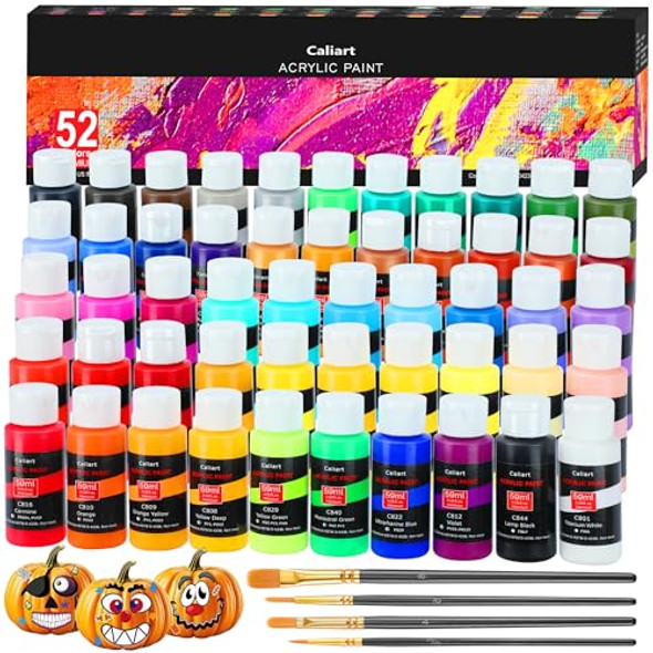 Caliart ACRYLIC PAINT SET With 4 Brushes 52 Colors 59ML 2OZ - MULTICOLOR New