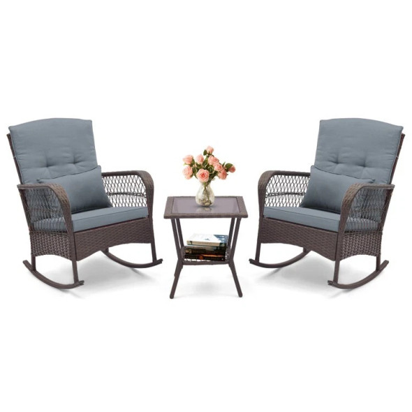 COSTWAY - 3 PCS PATIO ROCKING CHAIRS WITH DOUBLE-LAYER COFFEE TABLE - GRAY New