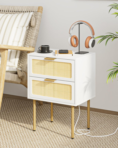 AOBAFUIR RATTAN NIGHTSTAND CHARGING STATION 2 DRAWER DRESSER BEDROOM - WHITE