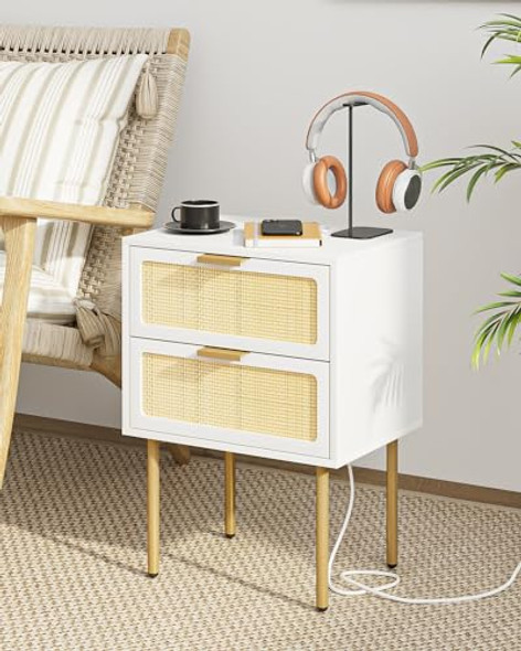 AOBAFUIR RATTAN NIGHTSTAND CHARGING STATION 2 DRAWER DRESSER BEDROOM - WHITE