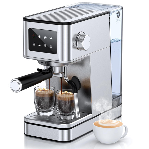 QJA ESPRESSO MACHINE 20 BAR COMPACT ESPRESSO MAKER FROTHER EM625 - SILVER