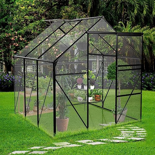 6x6 FT Polycarbonate Greenhouse with Raised Base with Sliding Doors - BLACK 6x6 FT Polycarbonate Greenhouse with Raised Base with Sliding Doors - BLACK