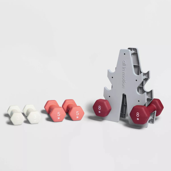 ALL IN MOTION BASIC WEIGHT SET IRON DUMBBELLS RACK 3 5 8 LB - PINK/WHITE/MAGENTA ALL IN MOTION BASIC WEIGHT SET IRON DUMBBELLS RACK 3 5 8 LB - PINK/WHITE/MAGENTA