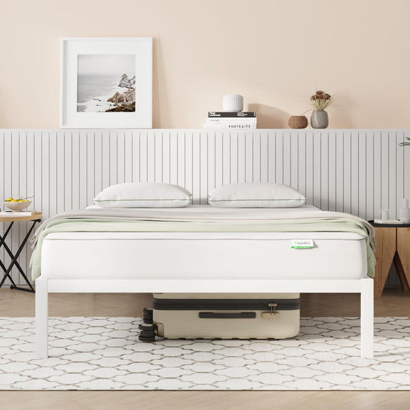 Novilla Queen Bed Frame, Metal Platform Bed Frame, Wood Slat Support - White