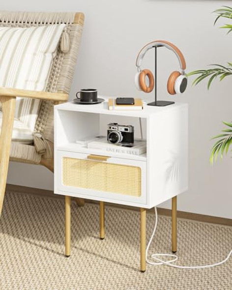 AOBAFUIR HZ1215 RATTAN NIGHTSTAND CHARGING STATION NIGHT STAND - WHITE