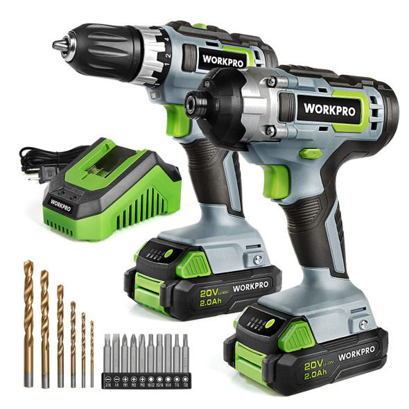 WORKPRO 20V CORDLESS DRILL COMBO KIT, DRILL DRIVER, 2X 2,0AH - GRAY/GREEN WORKPRO 20V CORDLESS DRILL COMBO KIT, DRILL DRIVER, 2X 2,0AH - GRAY/GREEN