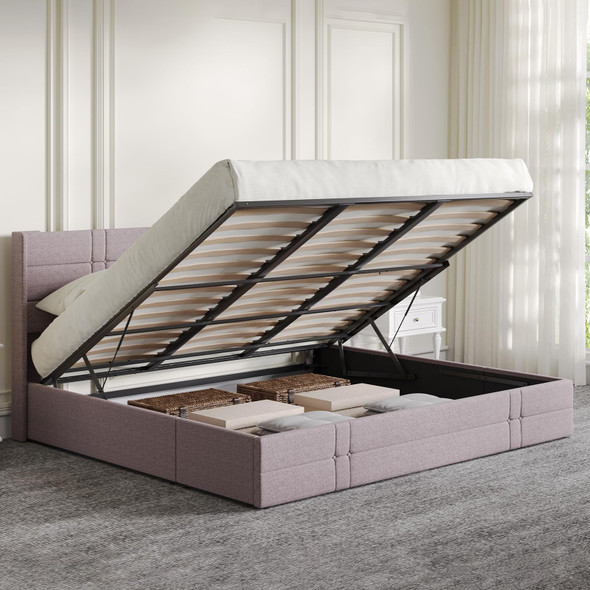 NOVILLA KING SIZE LIFT UP STORAGE BED FABRIC HEADBOARD HYDRAULIC STORAGE - BEIGE NOVILLA KING SIZE LIFT UP STORAGE BED FABRIC HEADBOARD HYDRAULIC STORAGE - BEIGE
