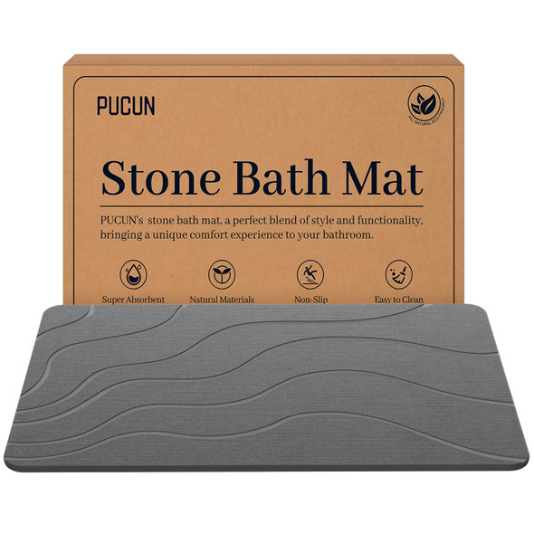 PUCUN Stone Bath Mat Diatomaceous Non-Slip Shower Mat - Size 24×16 - Grey PUCUN Stone Bath Mat Diatomaceous Non-Slip Shower Mat - Size 24×16 - Grey