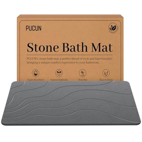 PUCUN Stone Bath Mat Diatomaceous Non-Slip Shower Mat - Size 24×16 - Grey PUCUN Stone Bath Mat Diatomaceous Non-Slip Shower Mat - Size 24×16 - Grey