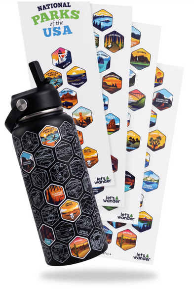 LETS WANDER™ NATIONAL PARKS WATER BOTTLE + STICKERS BESTSELLER - BLACK
