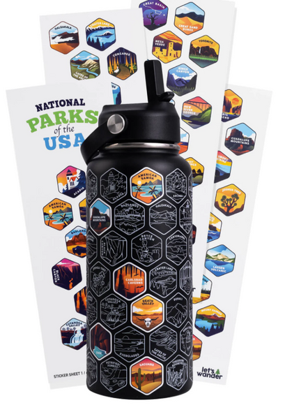 LETS WANDER™ NATIONAL PARKS WATER BOTTLE + STICKERS BESTSELLER - BLACK