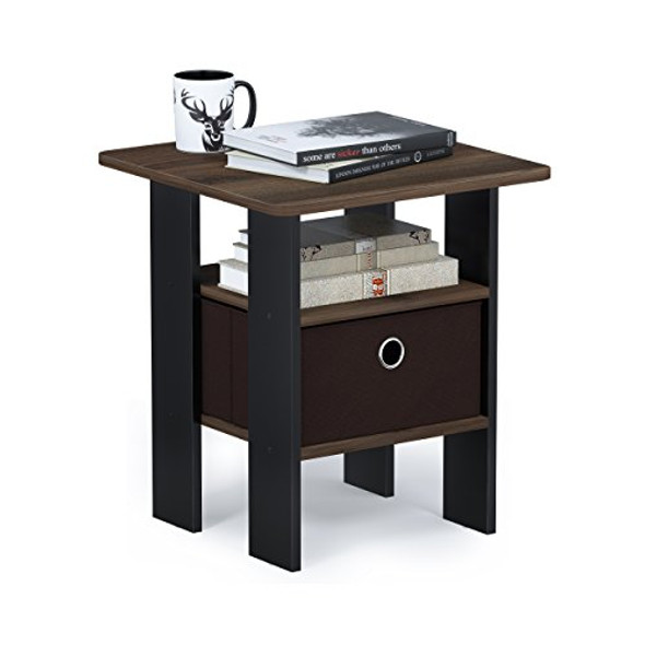 FURINNO ANDREY END TABLE SIDE NIGHT STAND BEDSIDE WITH BIN DRAWER - WALNUT/BROWN New