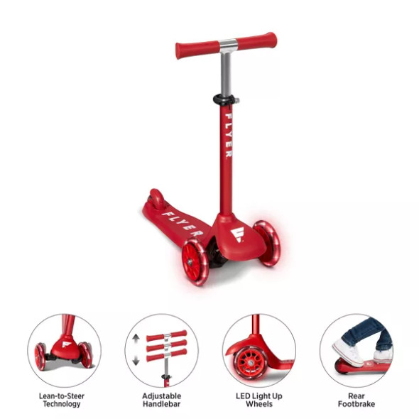 RADIO FLYER GLIDER JUNIOR KICK SCOOTER WITH LIGHT UP WHEELS 3-WHEEL - RED/WHITE New RADIO FLYER GLIDER JUNIOR KICK SCOOTER WITH LIGHT UP WHEELS 3-WHEEL - RED/WHITE New