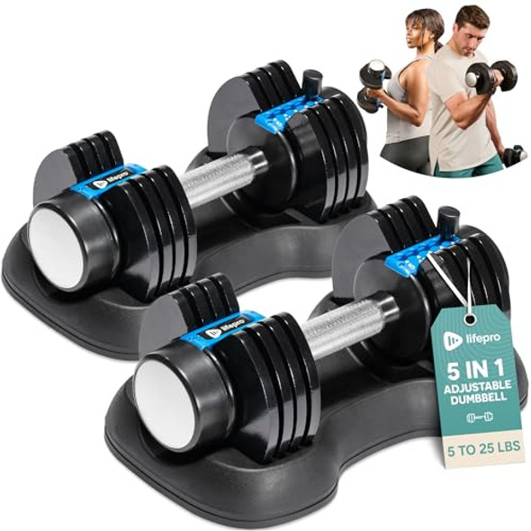 LIFEPRO Adjustable Dumbbells 5-25 lbs with Rack - Black LIFEPRO Adjustable Dumbbells 5-25 lbs with Rack - Black