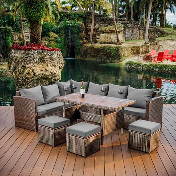 Nestl Wicker Outdoor Furniture Set 7 Piece Patio Dining Set X-LARGE Brown/Grey Nestl Wicker Outdoor Furniture Set 7 Piece Patio Dining Set X-LARGE Brown/Grey