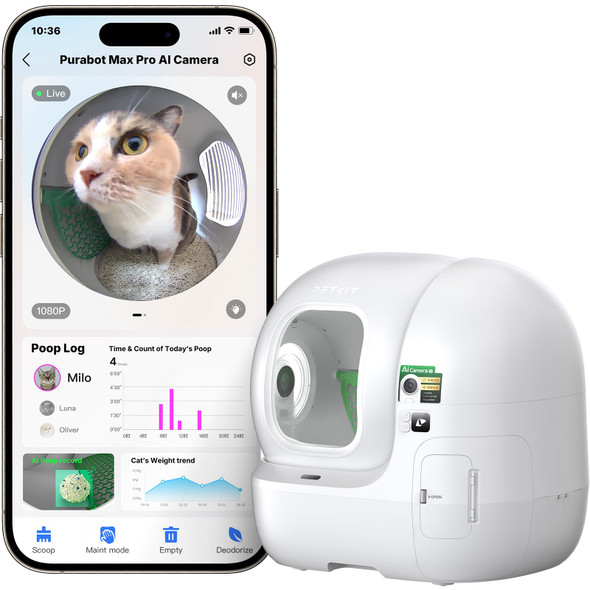 PETKIT PUROBOT MAX PRO CAT'S FACIAL RECOGNITION AI-CAMERA CAT LITTER BOX - WHITE